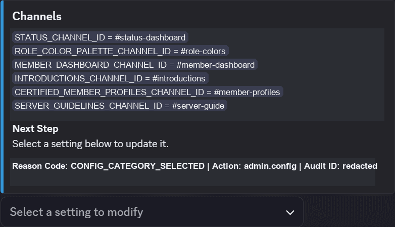 Redacted admin configuration bot screenshot