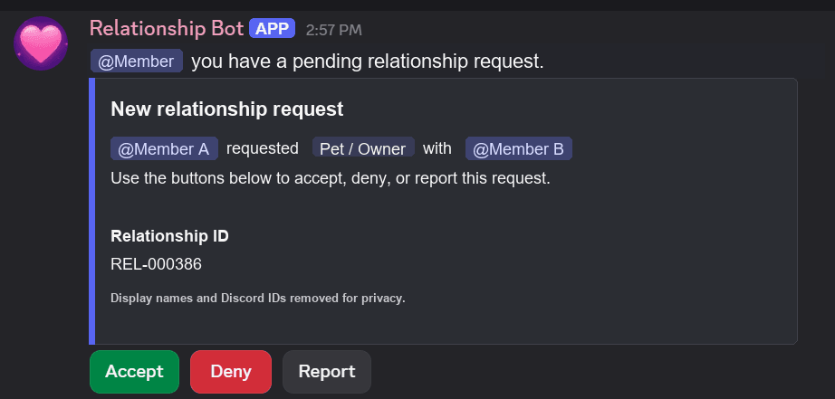 Redacted relationship request bot screenshot