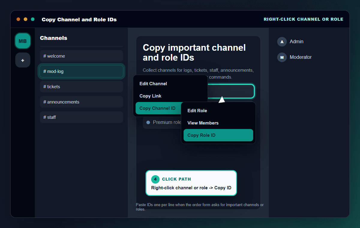 Illustrated Discord-style screenshot showing channel and role context menus with Copy Channel ID and Copy Role ID selected.