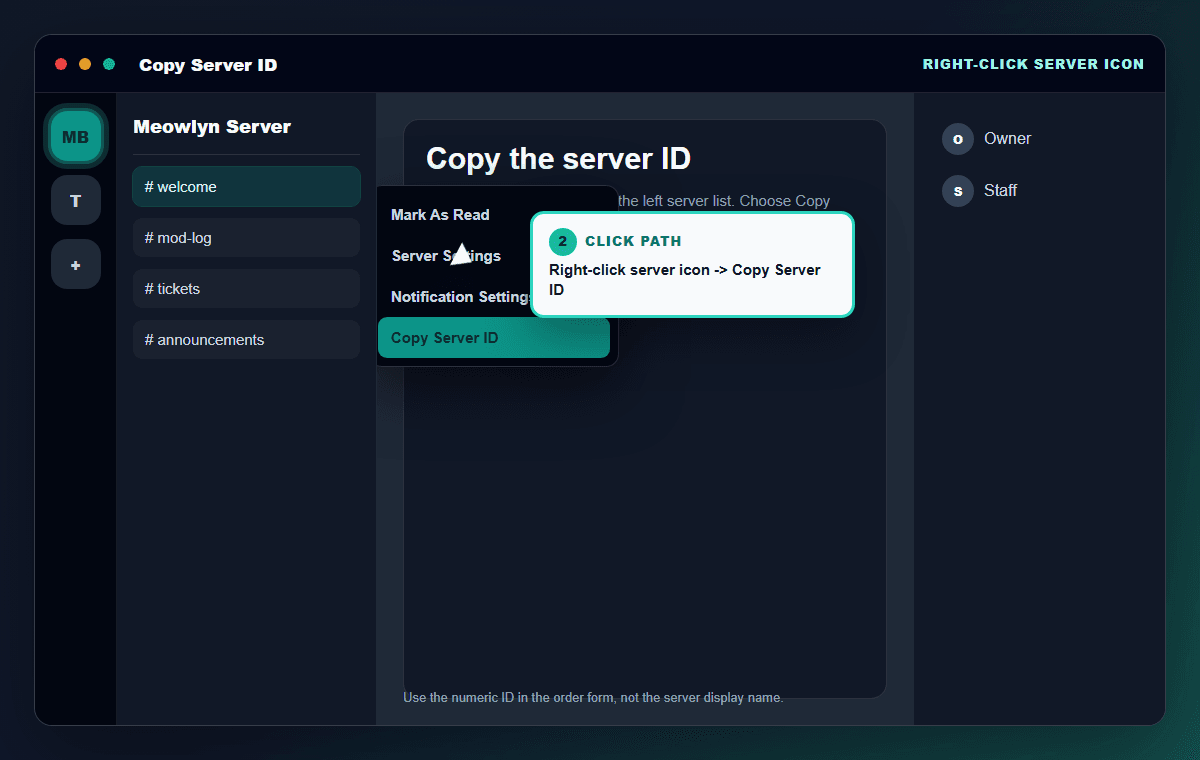 Illustrated Discord-style screenshot showing the server icon context menu with Copy Server ID selected.