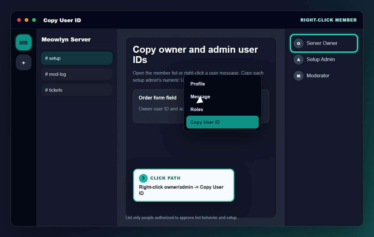 Illustrated Discord-style screenshot showing a member context menu with Copy User ID selected.