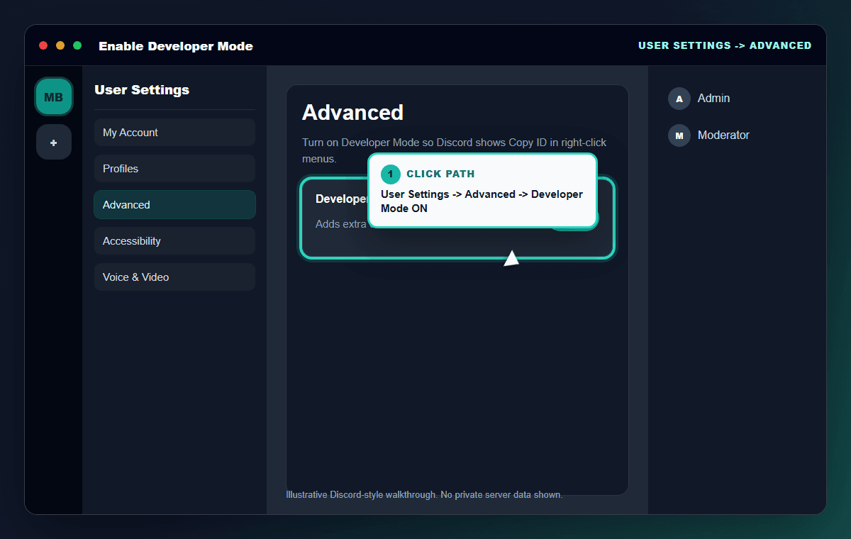 Illustrated Discord-style screenshot showing User Settings, Advanced, and the Developer Mode toggle.
