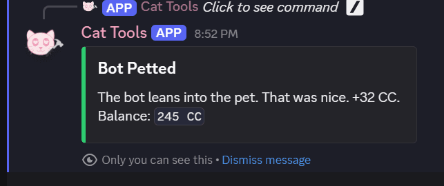 Redacted bot pet command response screenshot