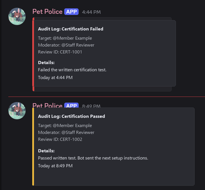 Redacted certification audit log bot screenshot