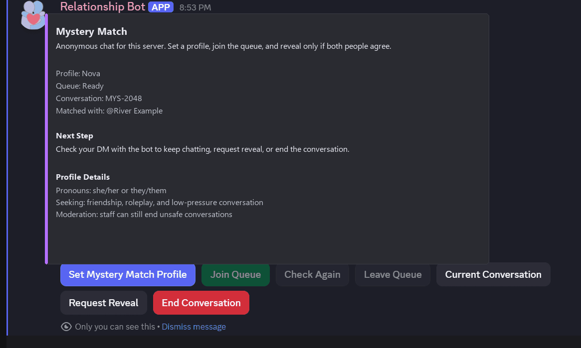 Redacted Discord bot mystery match screenshot