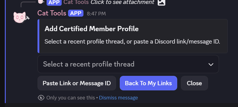 Redacted member profile linking bot screenshot